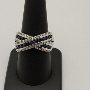 Stunning Blue Sapphire Criss Cross 925 Sterling Ring Size 9